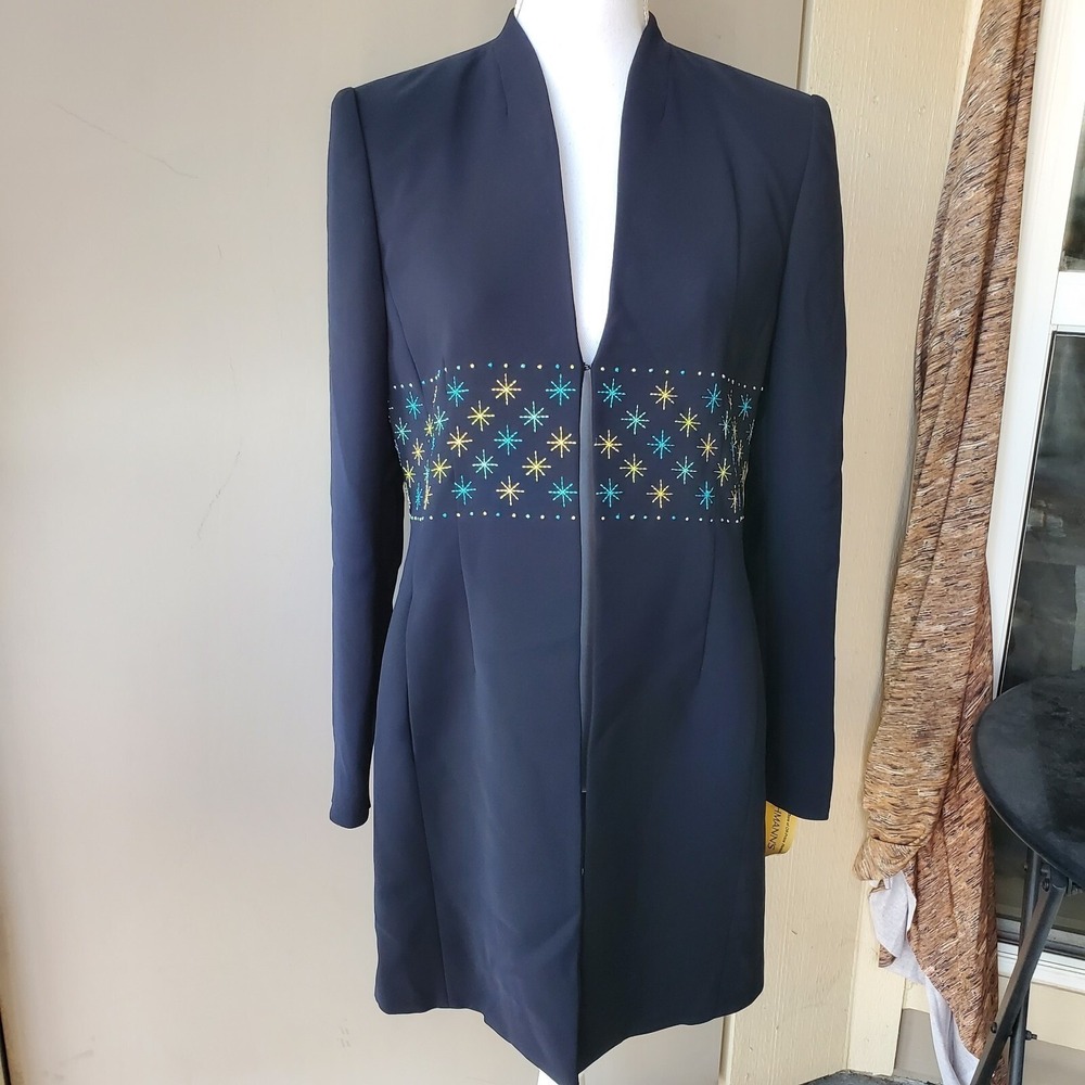 Grace Dane Lewis Longline Blazer Women 6 Blue Starburst Embroidered Celestial
